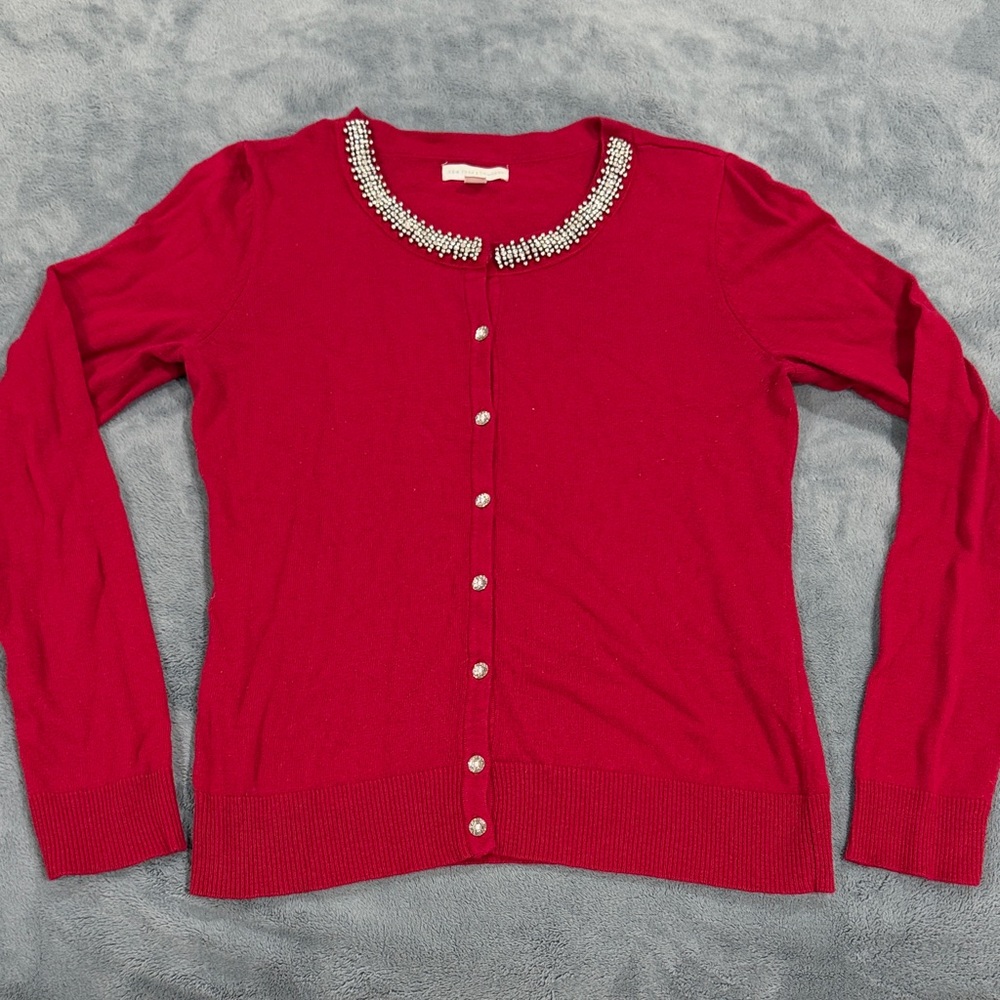 New York & Company Red Embellished Crewneck Cardigan